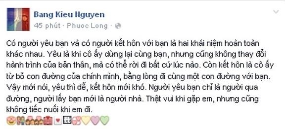 Bằng Kiều - Dương Mỹ Linh đã ‘đường ai nấy đi’ sau 3 năm mặn nồng - Ảnh 4 Dòng chia sẻ của Bằng Kiều được nhiều khán giả đồn đoán nguyên nhân khiến cặp đôi chia tay là do sự khác nhau giữa quan điểm tình yêu và hôn nhân. Có thể thấy Bằng Kiều ẩn ý rằng, anh muốn đi đến hôn nhân thế nhưng Dương Mỹ Linh thì chỉ muốn dừng lại ở mối quan hệ hiện tại.