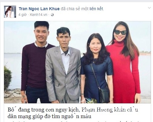 Quản lý của Phạm Hương thông báo bệnh tình của bố Hoa hậu Hoàn vũ.